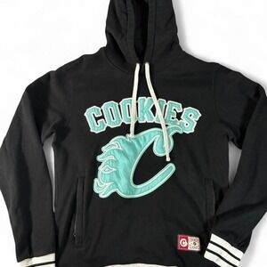 Cookies SF Varsity style pullover hoodie. Black & teal blue colorway. Men's Med